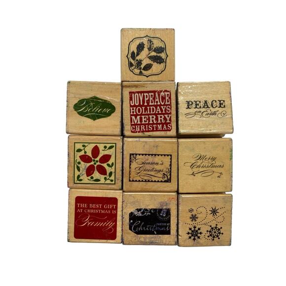 Lot of 10 Christmas Wood Mount Ink Stamps Peace of Earth Joy Peace Believe Gift - Picture 1 of 4